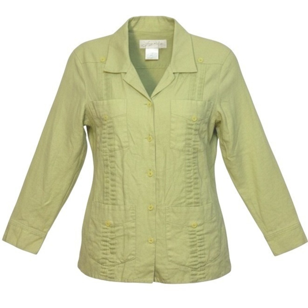 Lucy Pereda Womens 100% Linen Shirt Button Down Green Cuban Style Casual Chic  8